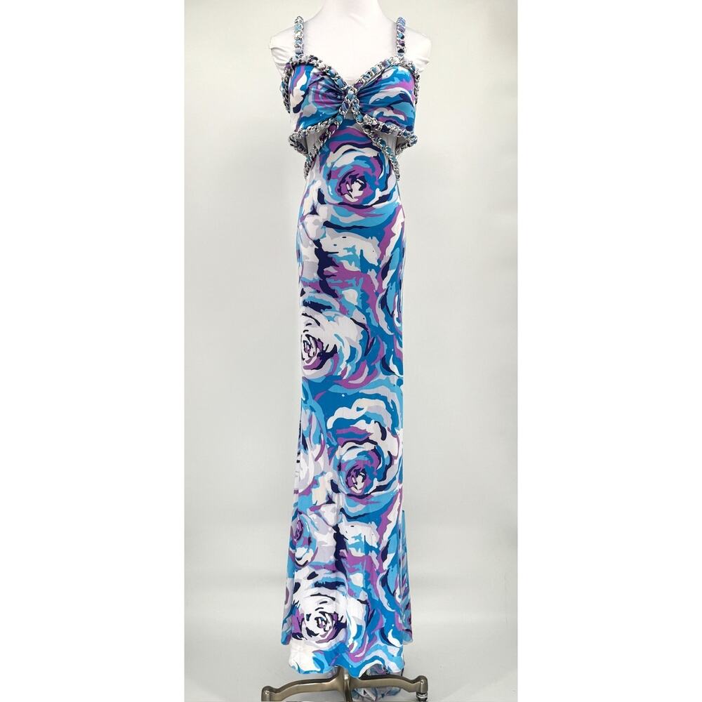 Jovani Blue Purple Swirl Print Chain Straps Sleeveless Evening Dress Sz 14 NEW